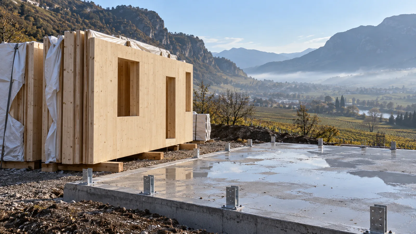 Pannelli in X-Lam arrivati in cantiere accanto alla platea di fondazione, su un lotto vicino a Lavis